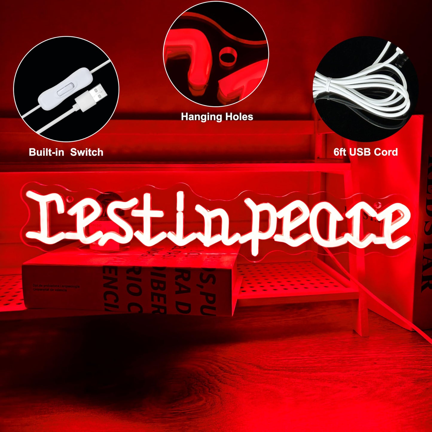 Rest in Peace Red Neon Sign Unique Gothic Halloween Decor Edgy Room Accent Light USB Powered with Dimmer for Bedroom Home Game Room Holiday Party Wall Decor