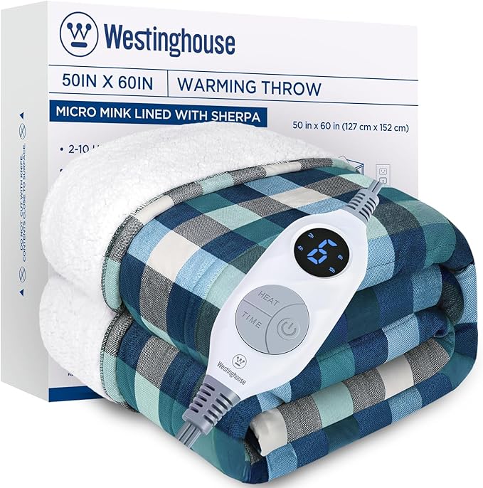 Westinghouse Electric Throw Heated Throw Blanket Soft Flannel & Sherpa Heating Blanket with 6 Heating Levels 2-10 Hours Auto-Off, Overheat Protection Machine Washable, Green 50x60 Inches