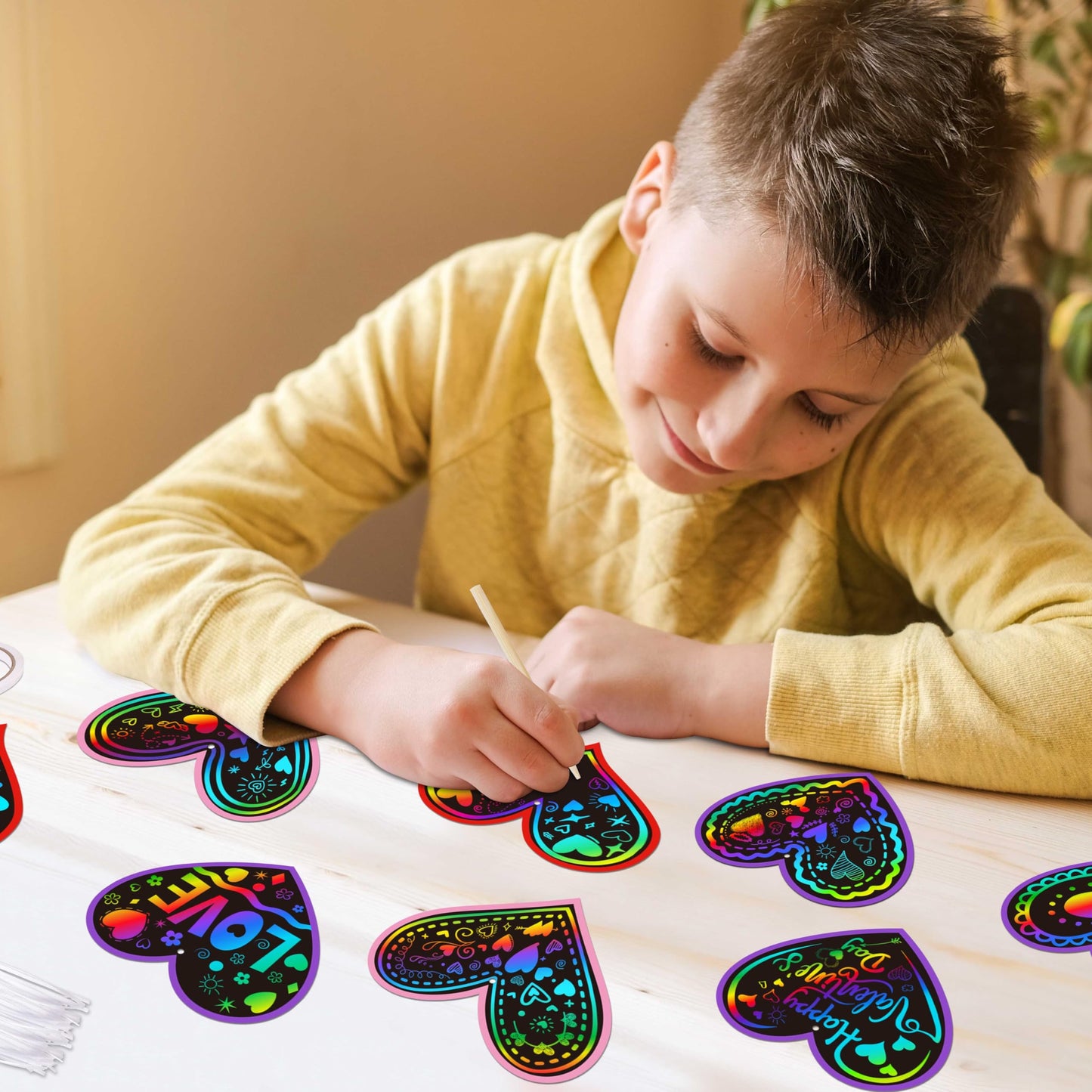 90shine 60 Sets Valentines Day Crafts for Kids Black Scratch Heart Magic Craft Art Kit Classroom Preschool Activities Party Favors