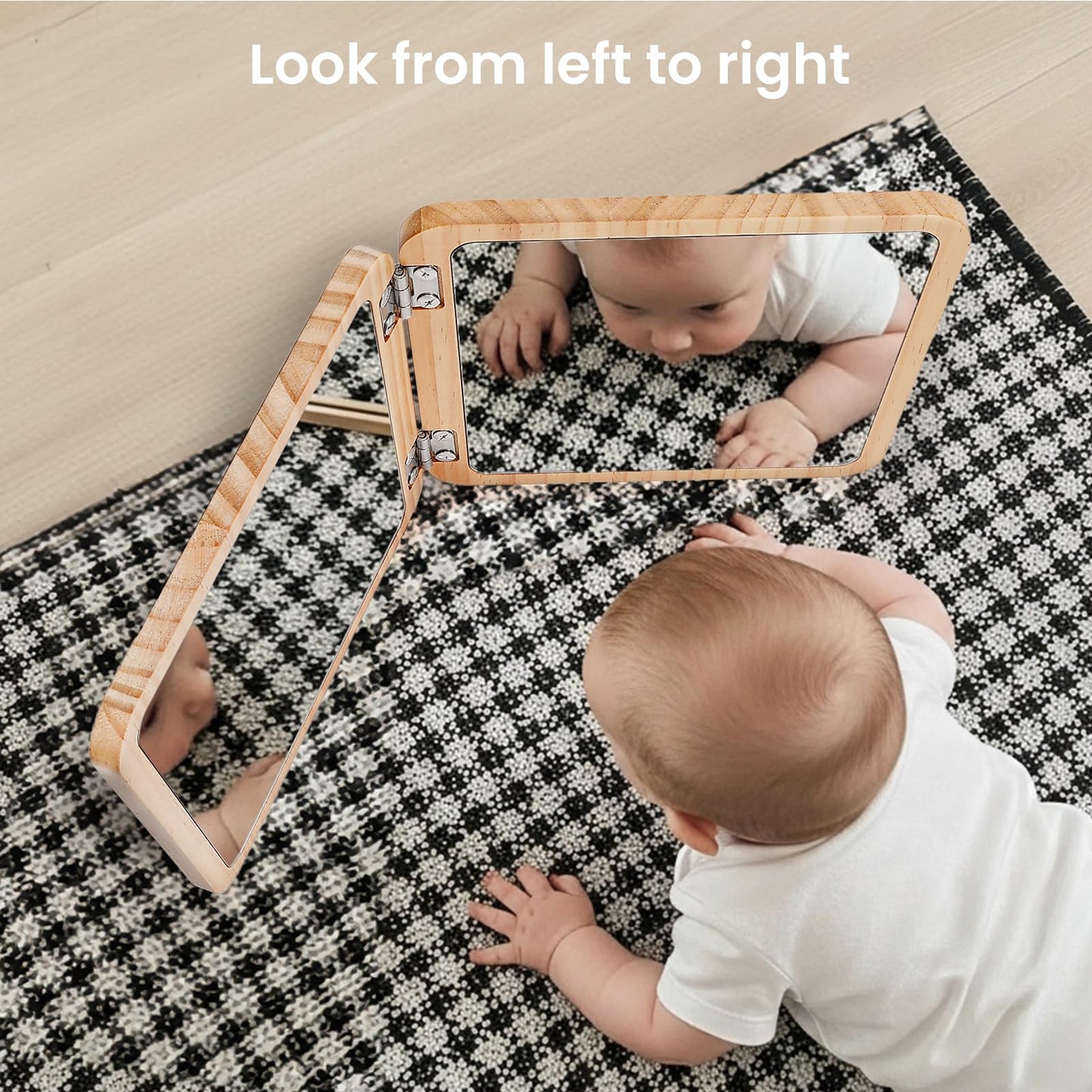 Woodtoe Tummy Time Mirror for Infant, 0-180° Adjustable Baby Mirrors with 15 Black and White Educational Cards, Shatterproof & Portable Baby Safe Mirror Toy, Developmental Baby Gift for 0-6 Months