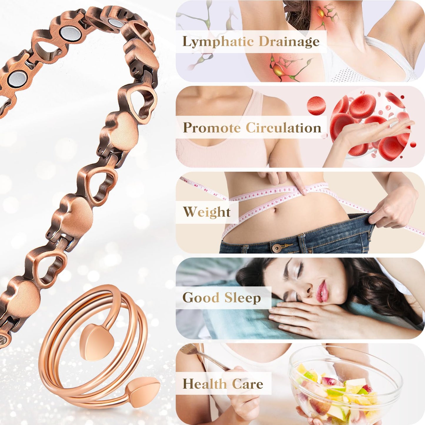 Magnetic Copper Bracelets for Women Lymph Detox Magnetic Bracelets, 100% Solid Pure Copper Bracelet with 3500 Gauss Magnets & Lymphatic Drainage Ring with Adjustment Tool