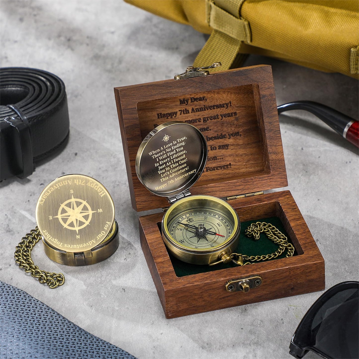 Relaxweex Anniversary Copper Gift for Him Her Engraving Quote Compass with Black Walnut Box Wedding Engagement Copper Keepsake Gifts for Men Women Husband Wife Couples(7th Anniversary)
