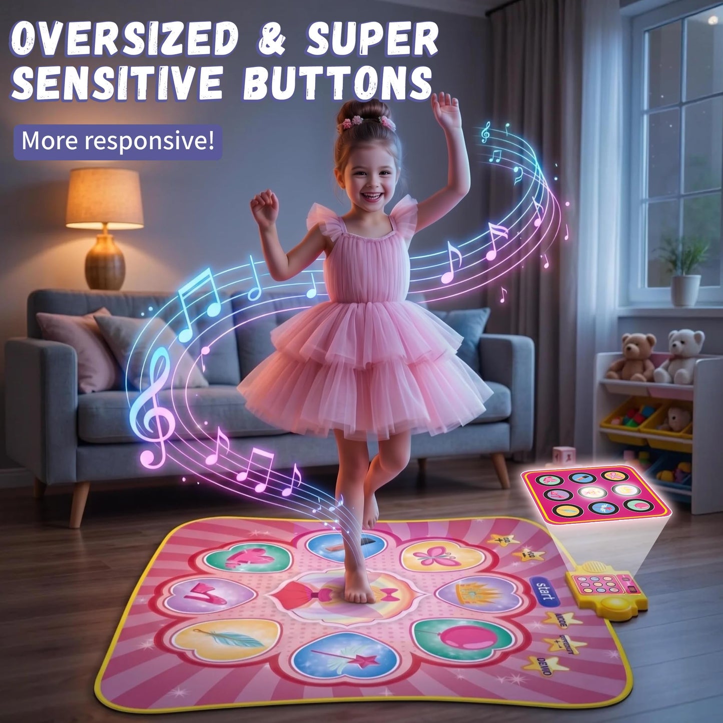 YESHIN Dance Mat, Rhythm Step Play Mat with LED Lights, Oversized Sensitive Buttons, 8 Songs & 7 Volume Levels, 3 Modes, Dance Game Toy Pad, for Kids Girls 3-12 (Pink)