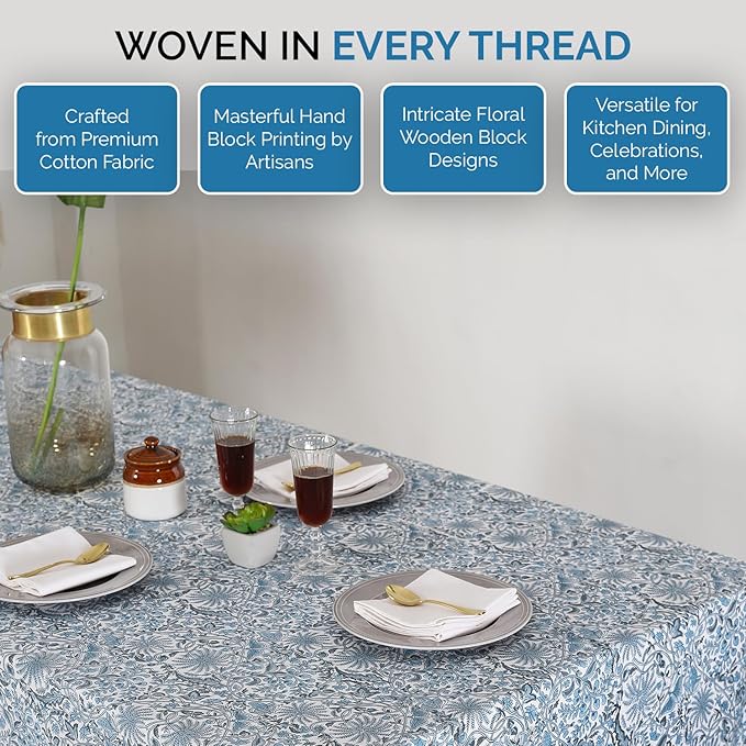 Labhanshi Indian Handblock Print Table Cloth|Cotton Floral 60x90 Inch Rectangle 6-Seater Patio Table Cover for Event, Wedding, Banquet & Parties|Washable Spring Easter Home Decor|Blue Butterfly