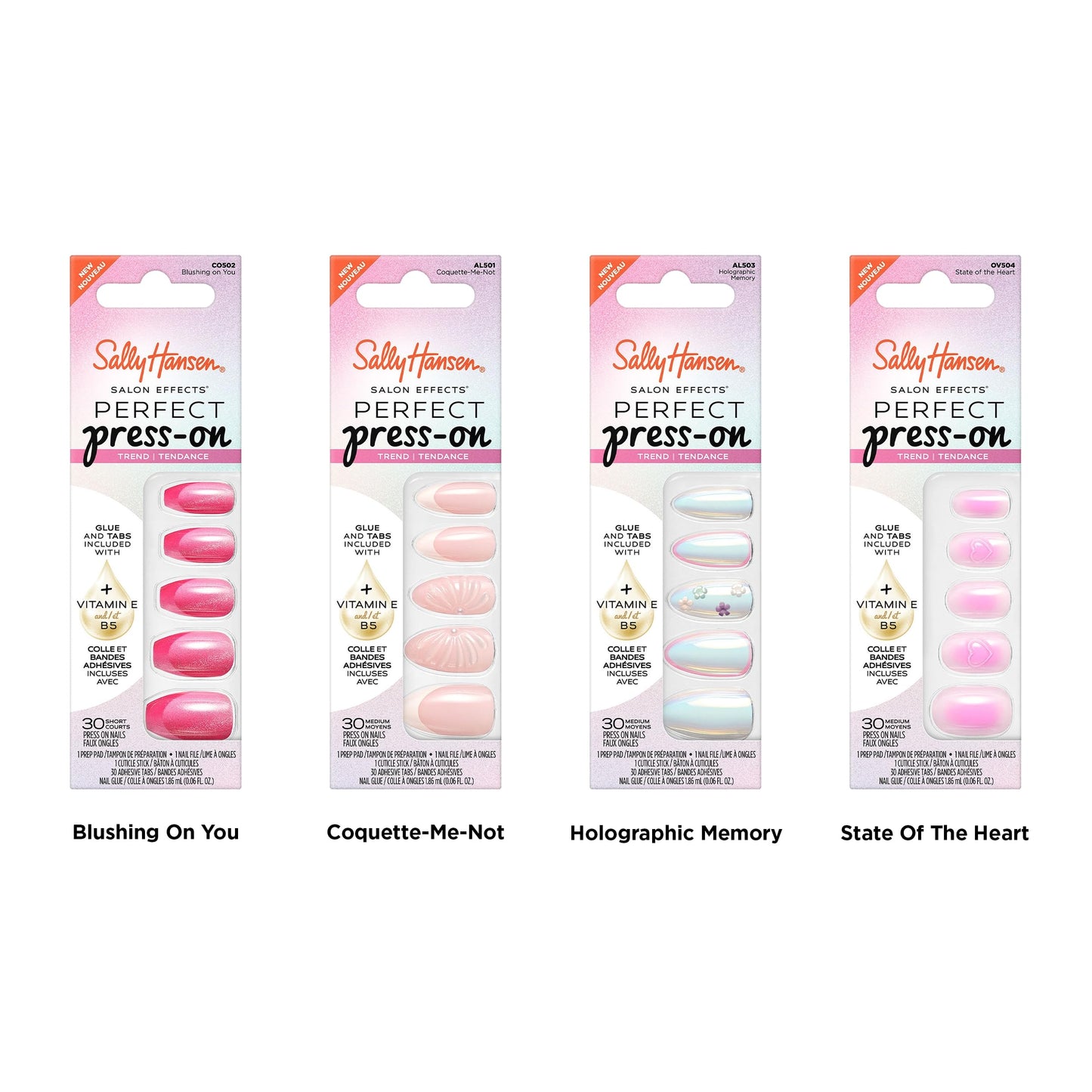 Sally Hansen Salon Effects Perfect Press-On Pink Nails | Oval Shape, 3D Design | Easy to Apply, Non-Damaging, Vitamin E & B5 | 30 Nails, Nail Glue, Adhesive Tabs, File| State of the Heart