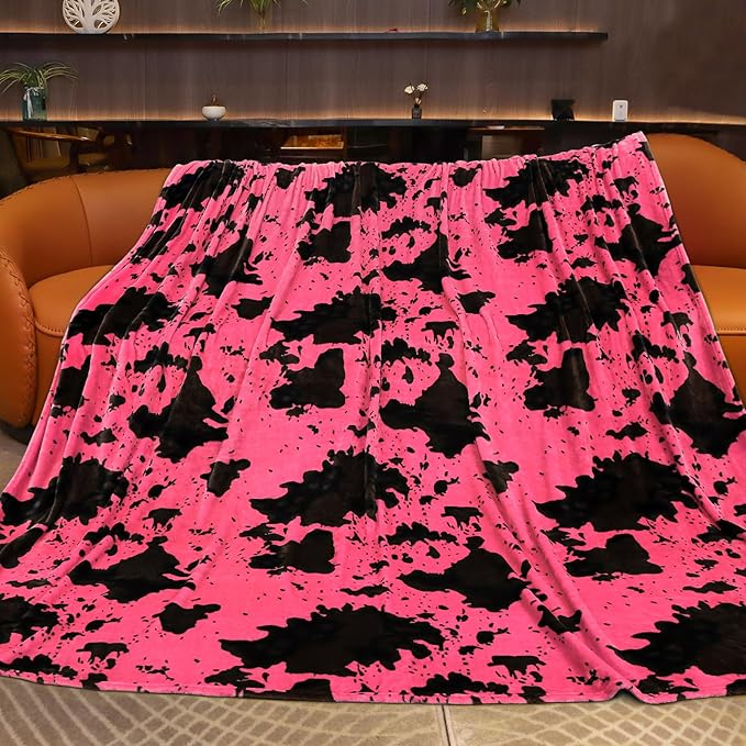 King Size Throw Blanket for Bed - Pink Cow Print Blanket Lightweight Warm Fuzzy Soft Fleece Bedding for Bedroom, Living Room, Gifts for Women