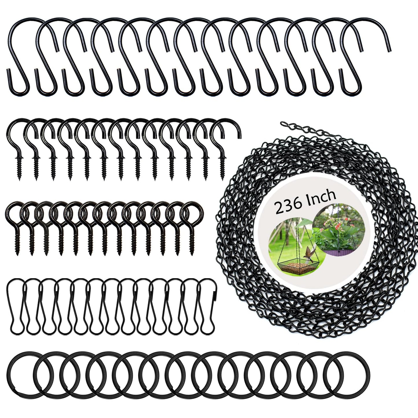 YINGFENG 236 Inch Black Metal Hanging Chains and Hanging Basket Hooks Set for Bird Feeders, Birdbaths, Planters, Grow Lights, Lanterns, Wind Chime and Ornaments, Eye Screws, Chain Hooks DIY