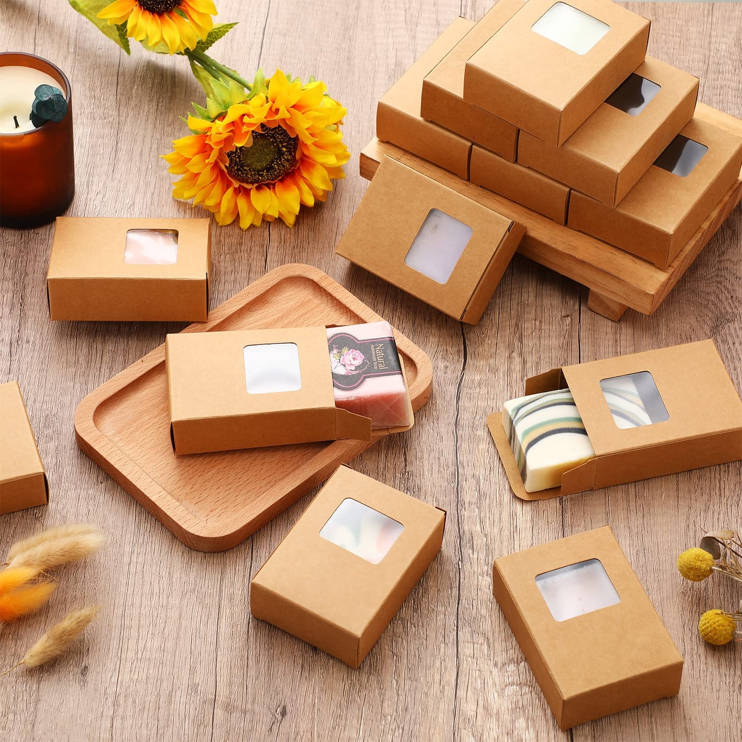 Outus 100 Pcs Soap Packaging Boxes Bulk Soap Boxes for Homemade with Window Mini Kraft Paper Container Homemade Craft Making Gift Wrappers for Cookies Candy, 3.5 x 2.6 x 1.2 Inch (Brown)