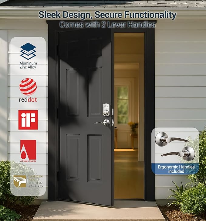 Veise Fingerprint Door Lock with 2 Lever Handles - Keyless Entry Door Lock, Electronic Keypad Deadbolt, Digital Smart Code & Front Handle Sets, Auto-Locking, Easy Installation, Satin Nickel