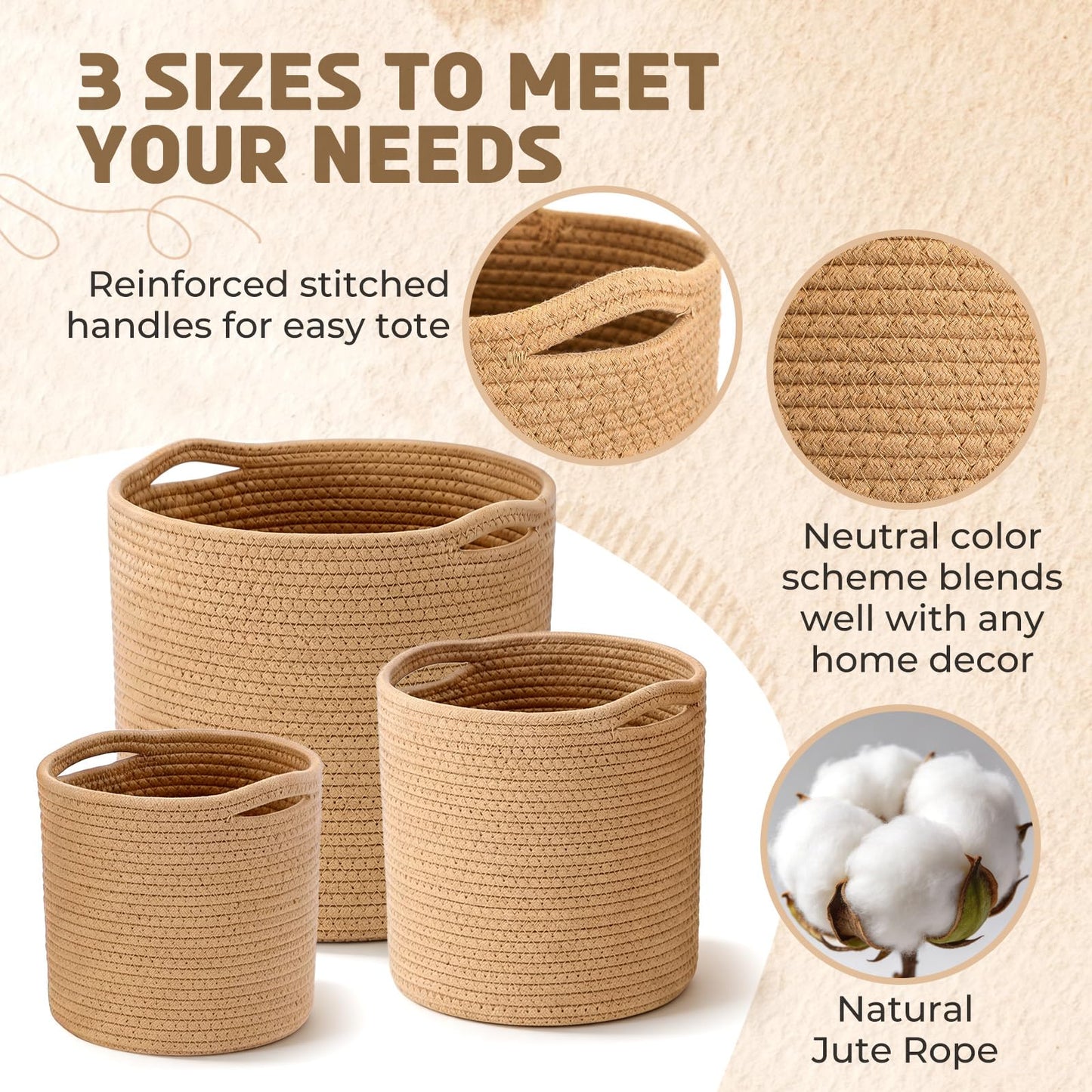 Xuhal 3 Pcs Plant Basket Woven Storage Basket Boho Planter Baskets Modern Woven Flower Tree Pots for Home Decor Blankets Organization (Khaki‌)