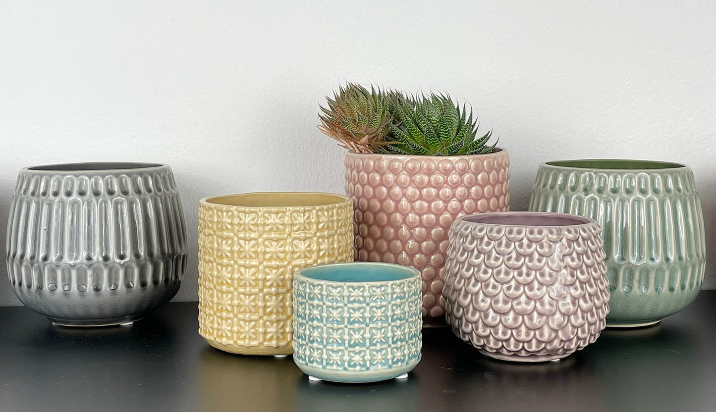 Nordring Stoneware Flower Pot – 6’’ Seasalt Planter with Polka Dots – Modern Ceramic Pot with Crackle Glaze – No Drainage Holes – Holds 5’’ Indoor Plant