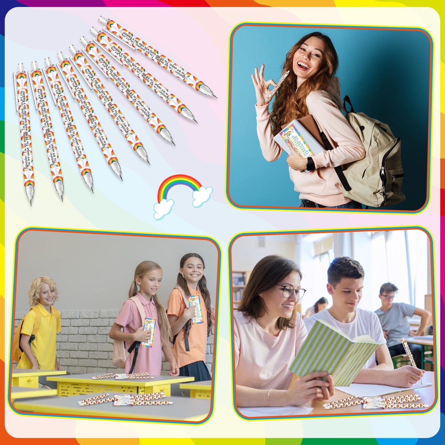 AmazingSpark 50 Set Inspirational 0.7 mm Rainbow Retractable Pencil Gifts for Students from Teacher Encouragement Affirmation Bookmark Cards Opp Bag Valentines Classroom Prize Awards for School