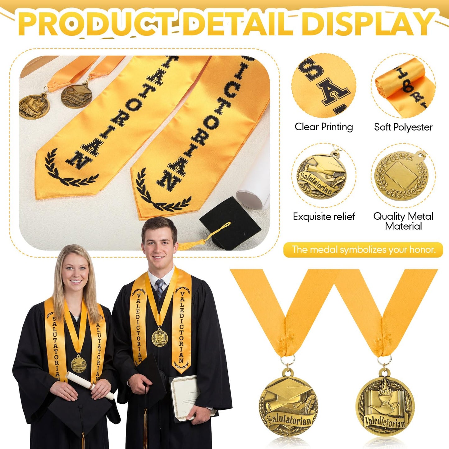 Funnysoft 4 Pack Graduation Stole Sash and Award Medal Set 2026 Valedictorian Salutatorian Graduation Stole and Award Medal with Gold Grossgrain Ribbon for Students