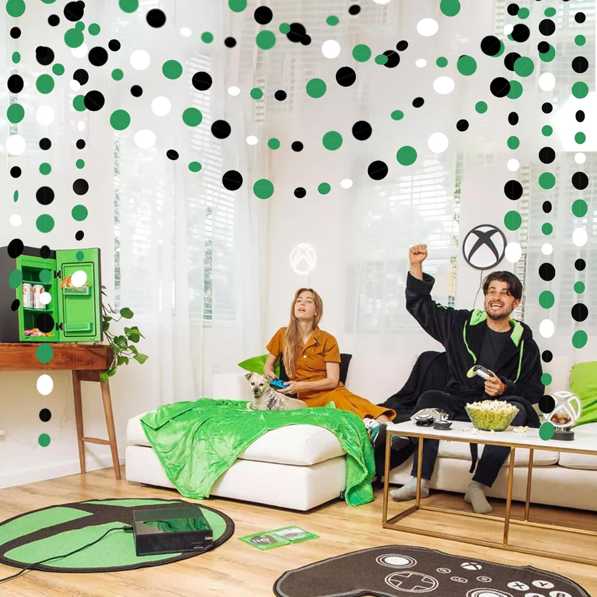 46 Ft Black Green Party Decorations Polka Dots Garlands Green and Black White Hanging Paper Circle Dots Streamer for Birthday Graduation Wedding Baby Shower Soccer Video Game Party Decoration Supplies