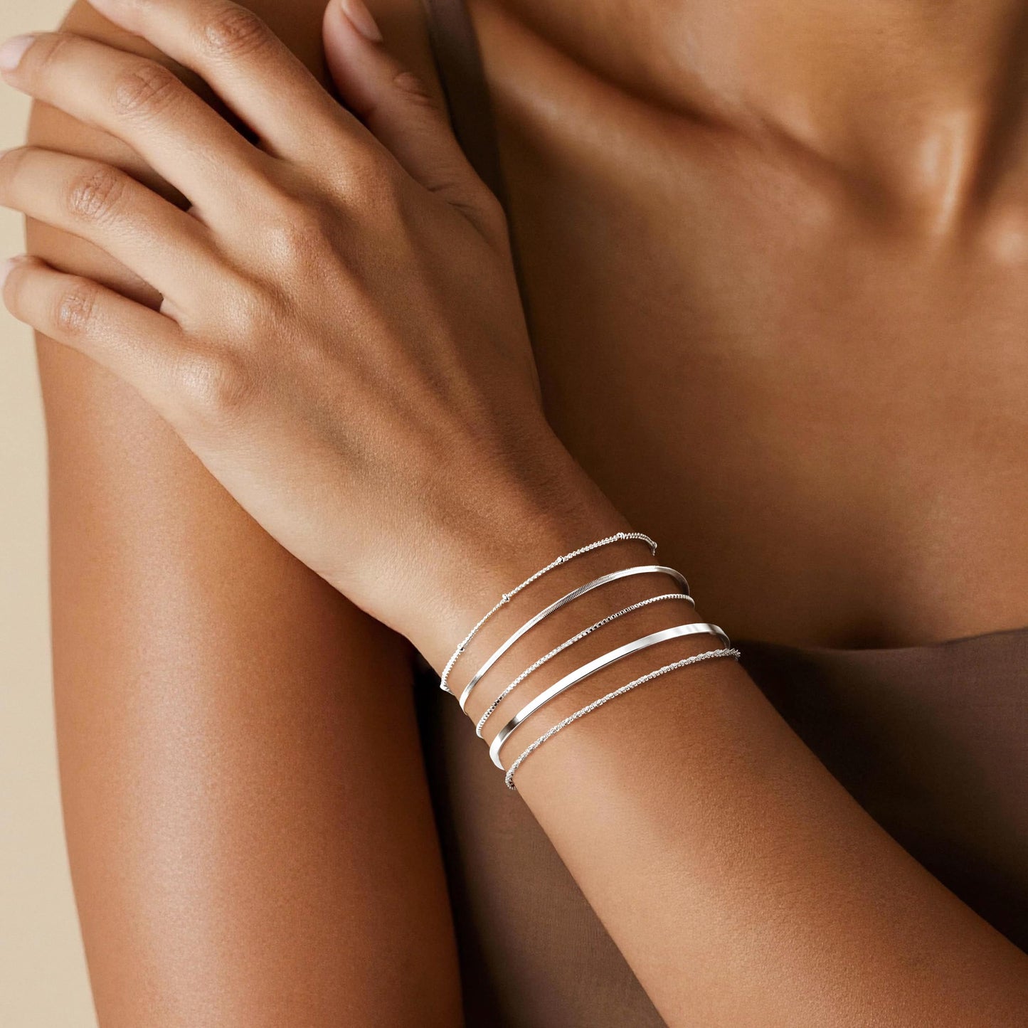 Dainty Silver Bracelets for Women, Silver Plated Stackable Thin Bracelet Set Box Link, Paperclip, Herringbone, Sparkling Chain, Bangle Cuff, Adjustable Minimalist Waterproof Jewelry Gifts for Women