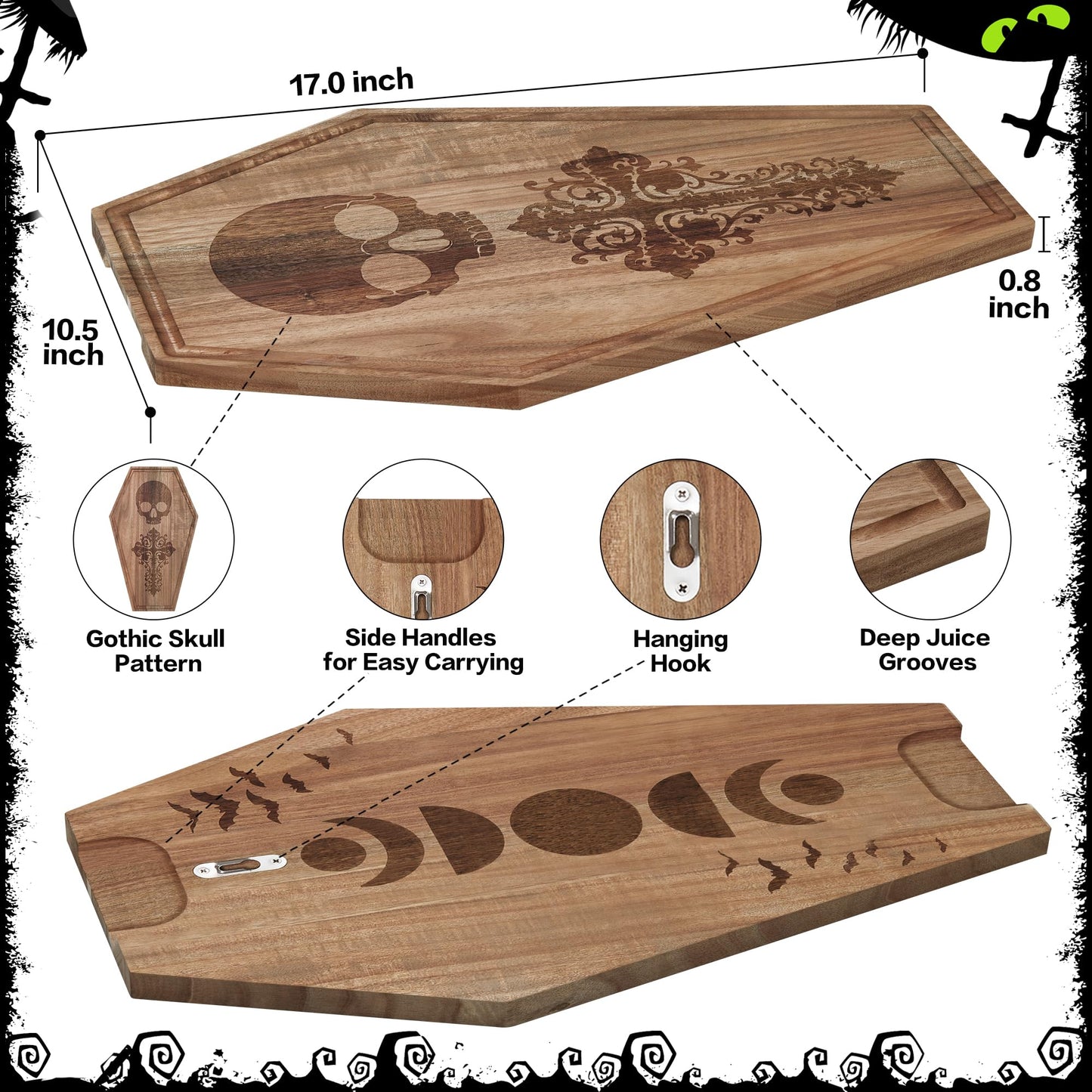 Halloween Coffin Charcuterie Board,Gothic Acacia Wooden Cutting Board for Kitchen Food Display,Skeleton Pattern Serving Tray,Goth Party Decor,Spooky Platter Gifts,17×10.5 Inch