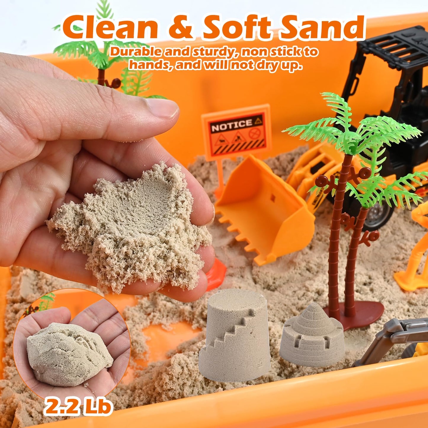 34Pcs Sand Construction Site Kit Sensory Bin Toy for Toddler with 8 Vehicles, 6 Castle Molds, 5 Road Signs, 4 Worker Figures, 2.2lbs Sand, Learning Sand Toys Birthday Gift for Kids Boys Ages 3 4 5