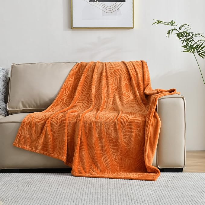 SOCHOW Super Soft Flannel Fleece Fall Throw Blanket, Lightweight Cozy Warm Leaves Textured Plush Blanket for Bed Couch Sofa, 60 x 80 Inches, Orange