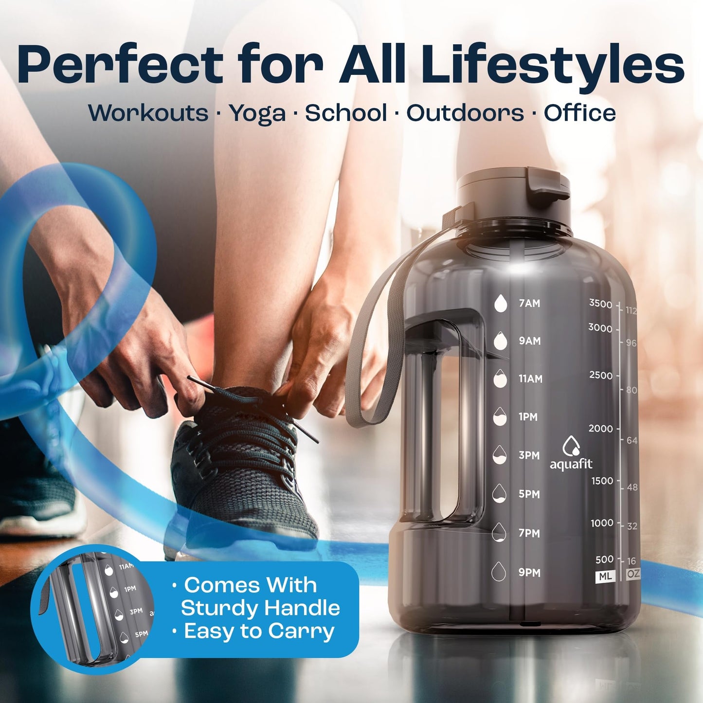 AQUAFIT 1 Gallon Water Bottle with Time Marker - Straw & Chug Lid - BPA Free Gym Water Bottle with Straw - Big Gallon Jug (Gray, 128 oz - 2 Lids)