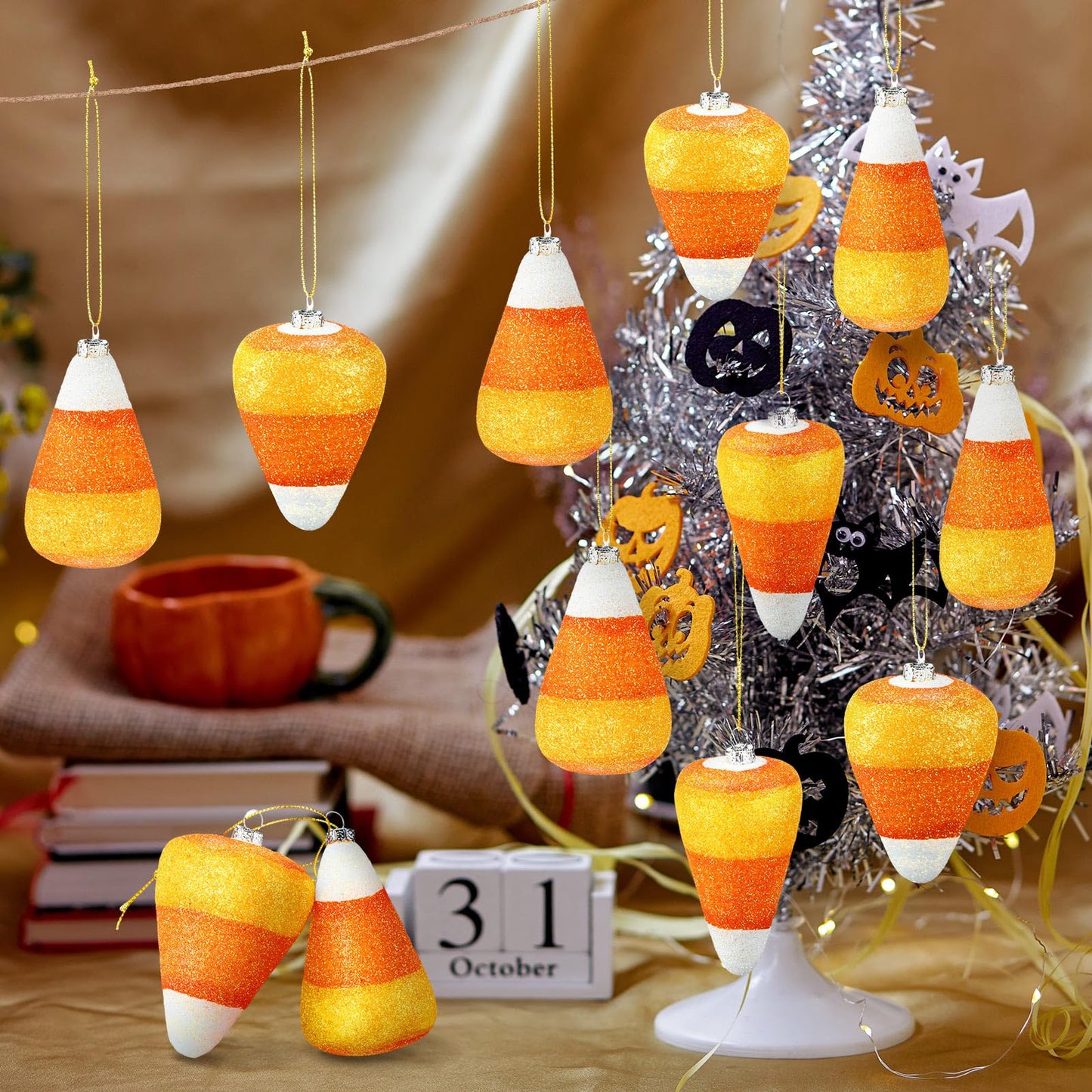 12 Pcs Halloween 3D Glitter Candy Corn Ornaments Large Halloween Candy Corn Hanging Pendant with Ropes Mini Tree Decorations for Halloween Christmas Holiday Garland Candy Party(Candy Style)