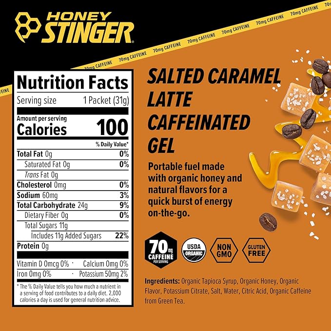 Honey Stinger Caffeinated Organic Energy Gel Variety Pack 12 Packs Each of Salted Caramel Latte & Strawberry Kiwi Caffeinated & Gluten Free For All Exercises Sports Nutrition for Home & Gym