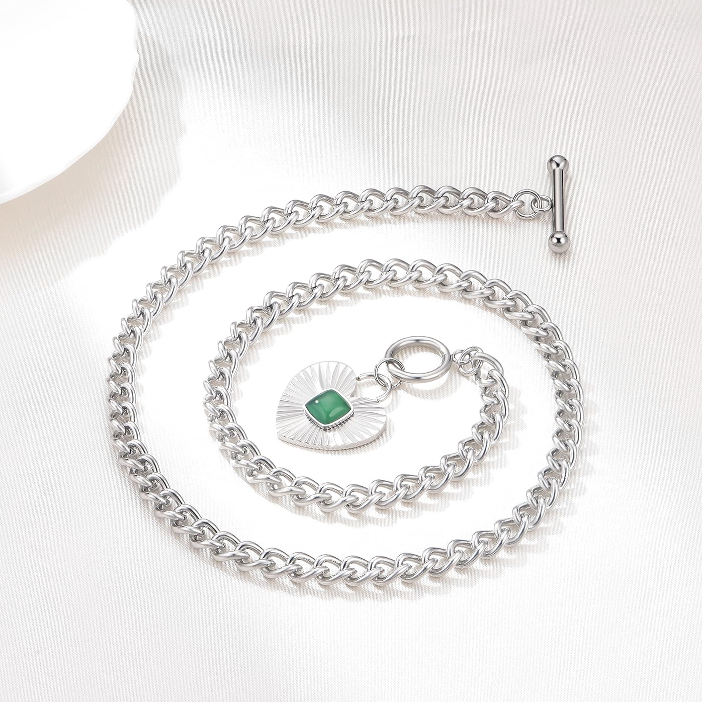 NUZON Chunky Sunburst Heart Pendant Necklace with Green Agate Solitaire Stainless Steel Silver Curb Cuban Thick Chain Toggle Bar Clasp Statement Jewelry for Women 18’’