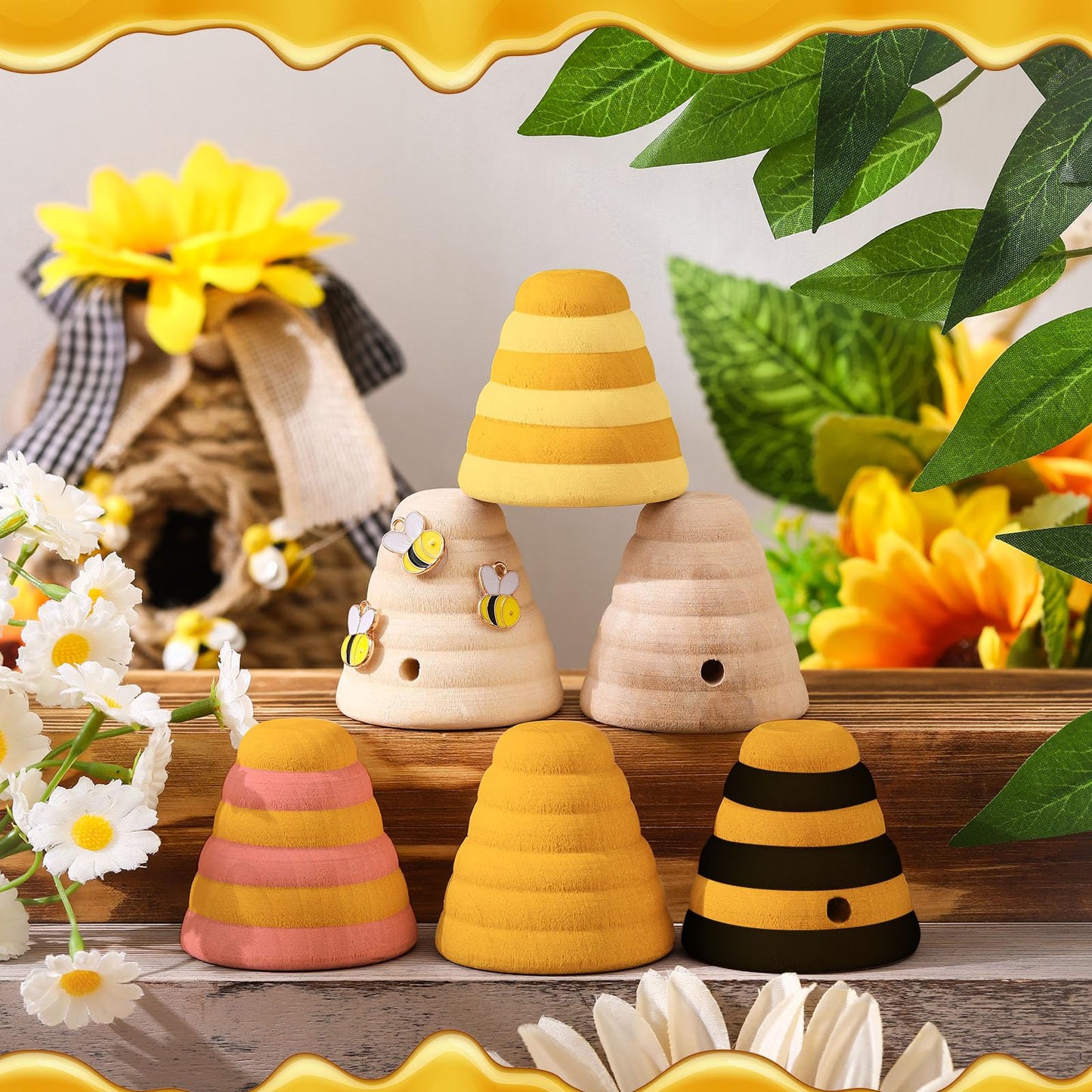 GlikCeil 10 Pcs Wood Bee Hive Decor Unfinished Wood Threaded Honeycomb Farmhouse Tiered Tray Decor Mini Beehive Model Bee Garden Decors for DIY Table Shelf Sitter Party Craft, 1.8 x 1.9 Inch (Classic)