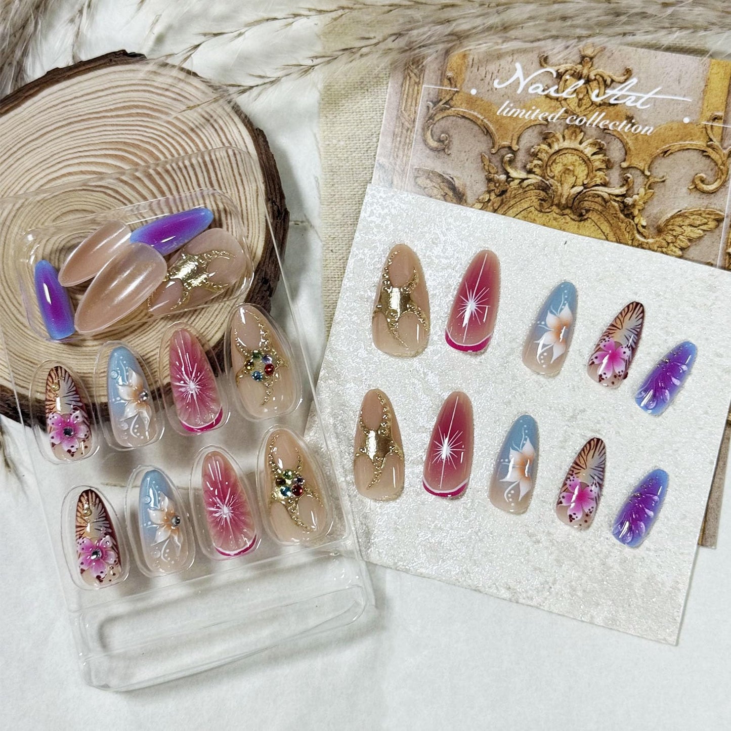 IMSOHOT Press on Nails Almond Medium Fake Nails - 3D Flowers, Golden Star, Rhinestone Designs, Glossy Full Cover Glue on Nails Acrylic Artificial False Nails for Women Manicure Decorations