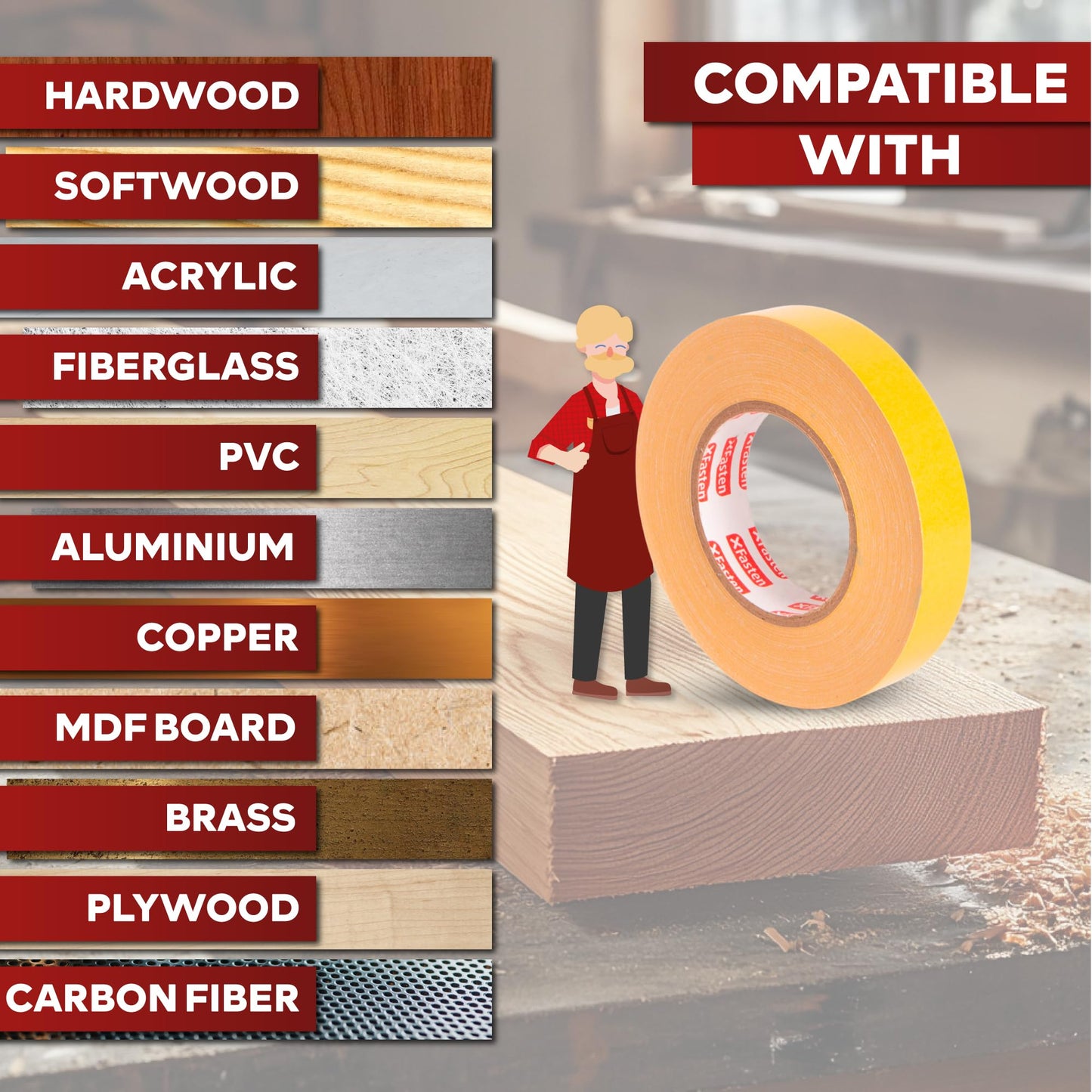 XFasten Double Sided Woodworking Tape w/Yellow Backing 2.5 Inches x 30 Yards