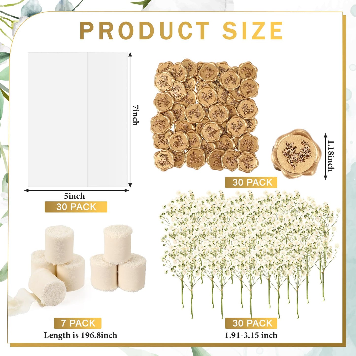 Fuyoooo 30 Set Wedding Invitations Wraps Set Pre Folded Vellum Jackets for 5 x 7 Invitations Self Adhesive Gold Wax Seal Stickers Dried Baby's Breath Flowers Chiffon Silk Ribbon for Craft DIY