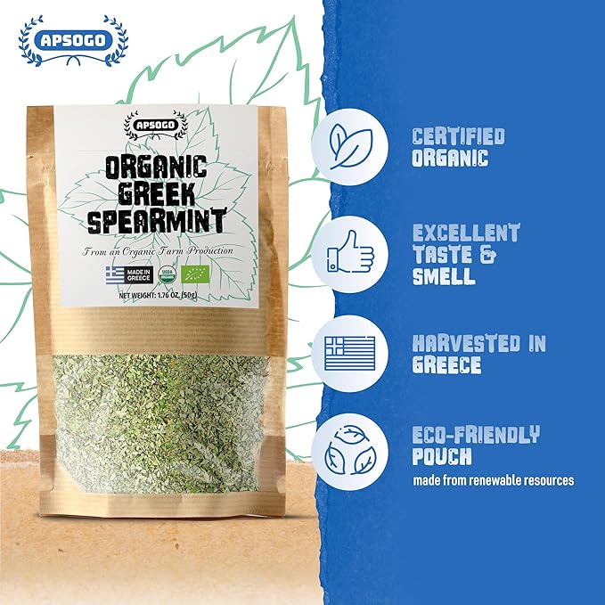 APSOGO Organic Spearmint - Premium Greek Herbal Tea & Culinary Mint - Naturally Sweet Aroma - 1.76oz