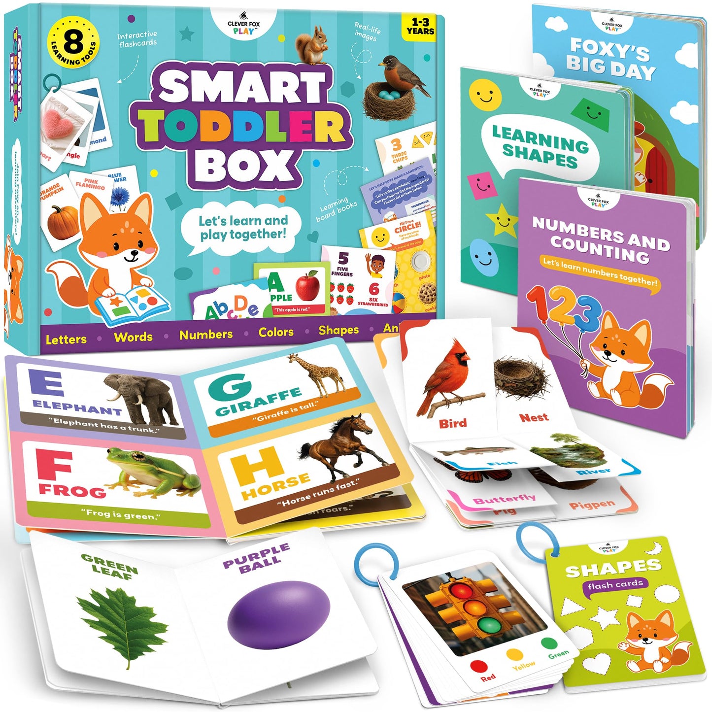 Clever Fox Play Smart Toddler Box for Kids Ages 1-3 – 8-Piece Learning Toy with Interactive Activity Books & Flashcards – Pre-K Speech Therapy, Vocabulary & Language Activities for 1, 2, 3 Year Olds