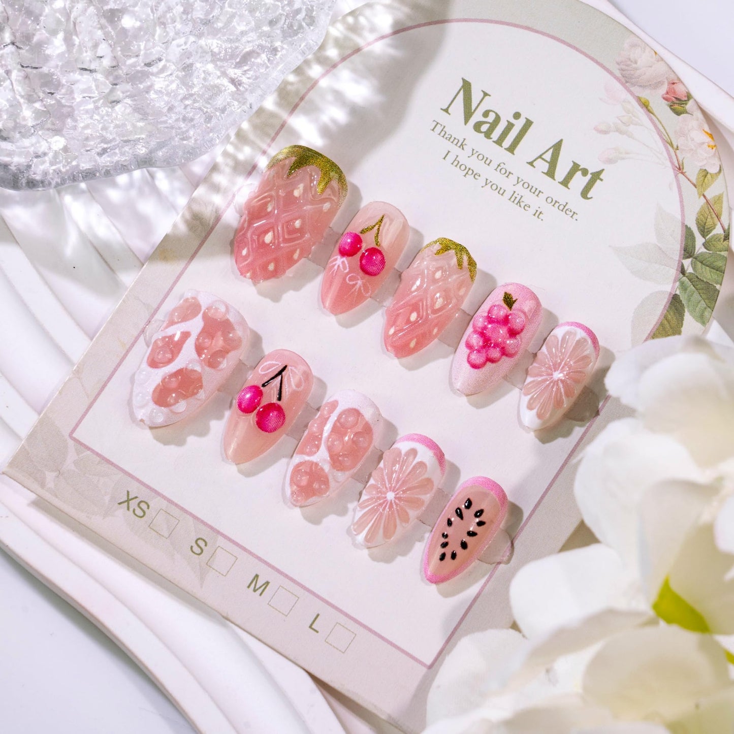 Medium Press on Nails Almond Fake Nails Pink Artificial Nail Cherry Strawberry Grape Daisy Fruit Pattern 3D Sweet Glossy Cute Summer Stick on Nail for Women 30pcs
