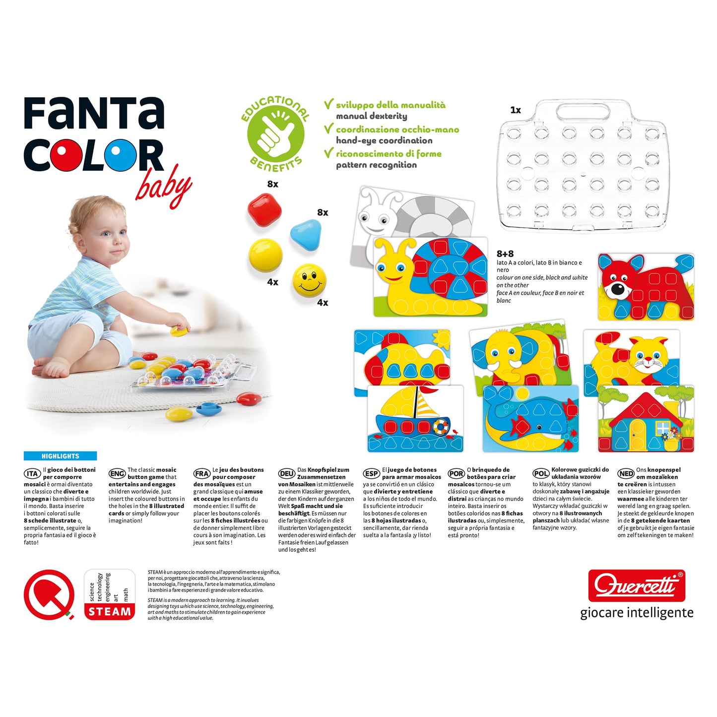 Quercetti Early Development Toy For Learning Shapes & Colors For Ages 18 Months & Up Pixel Baby Basic Colourful