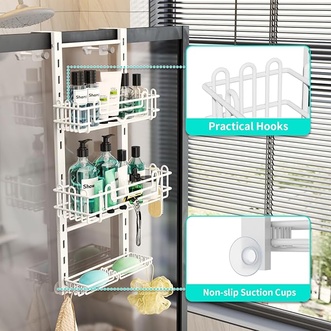 HapiRm 3 Tier Over the Door Shower Caddy, Hanging Shower Caddy with 16 Hooks and 2 Soap Holders, No Drilling Adjustable Hanging Bathroom Organizer - White