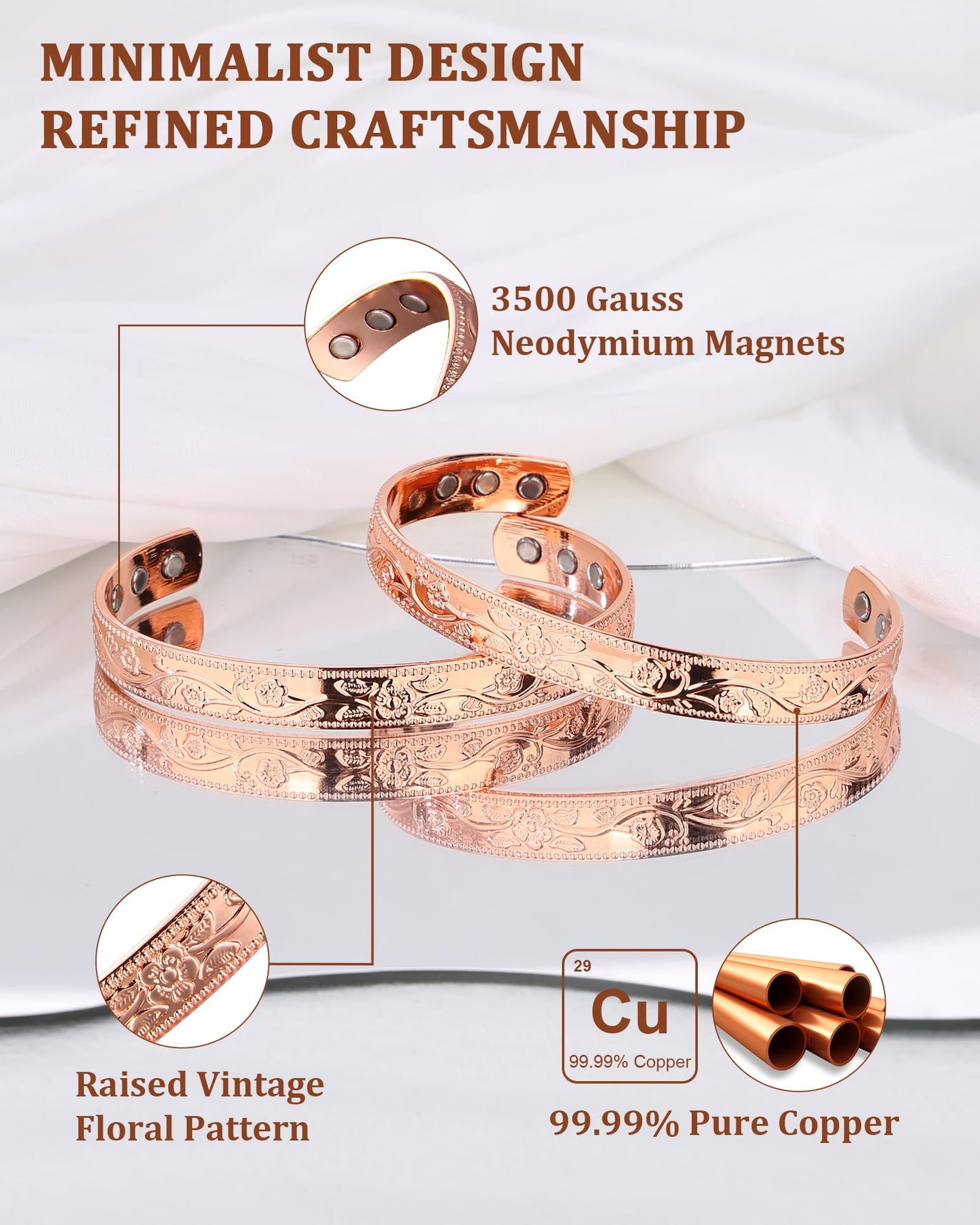 BioMag 2 Pcs Magnetic Copper Bracelet for Women, 99.99% Pure Copper Cuff Bangle with 6 Pcs 3500 Gauss Magnets, Adjustable Size, Floral Vine Design