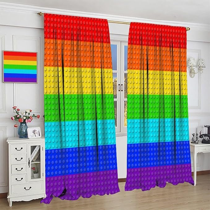 Colorful Building Block Toy Curtain Rod Pocket Children's Nursery Rainbow Contour Plastic Toy Brick Geometric Print Pattern Curtain Boys Girls Bedroom Playroom 2 Panels 42x45in