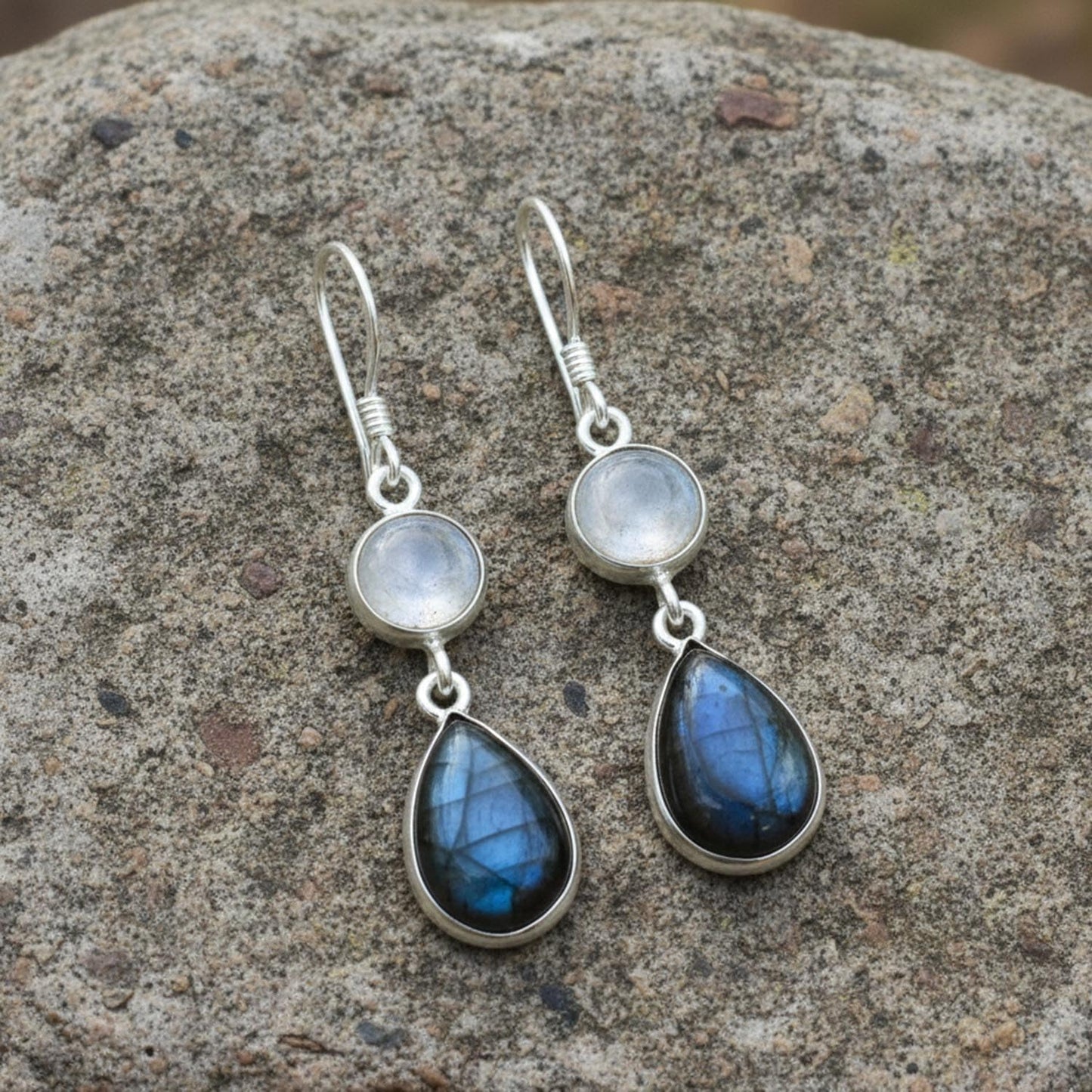 Natural Moonstone and Labradorite Drop Earrings for Women, Sterling Silver, 1.6 Inch Length, 19.45 Carat, Blue and White Gemstones | Gift for Her