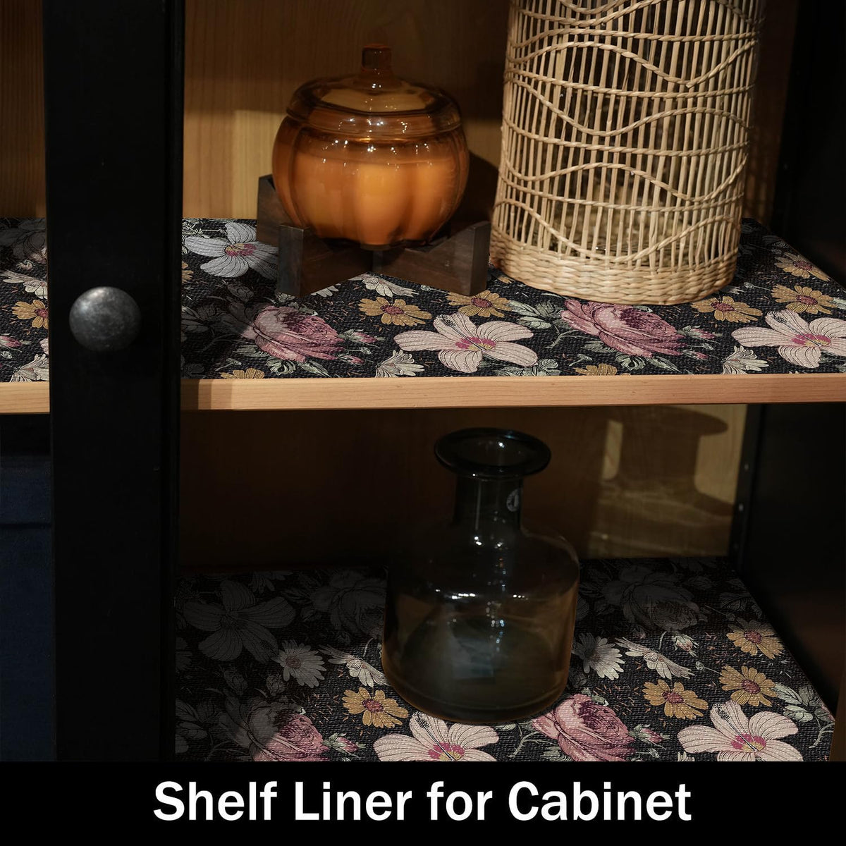 Black Retro Floral Shelf Drawer Liner for Kitchen 16IN x 10FT (12.96 Sq Ft)