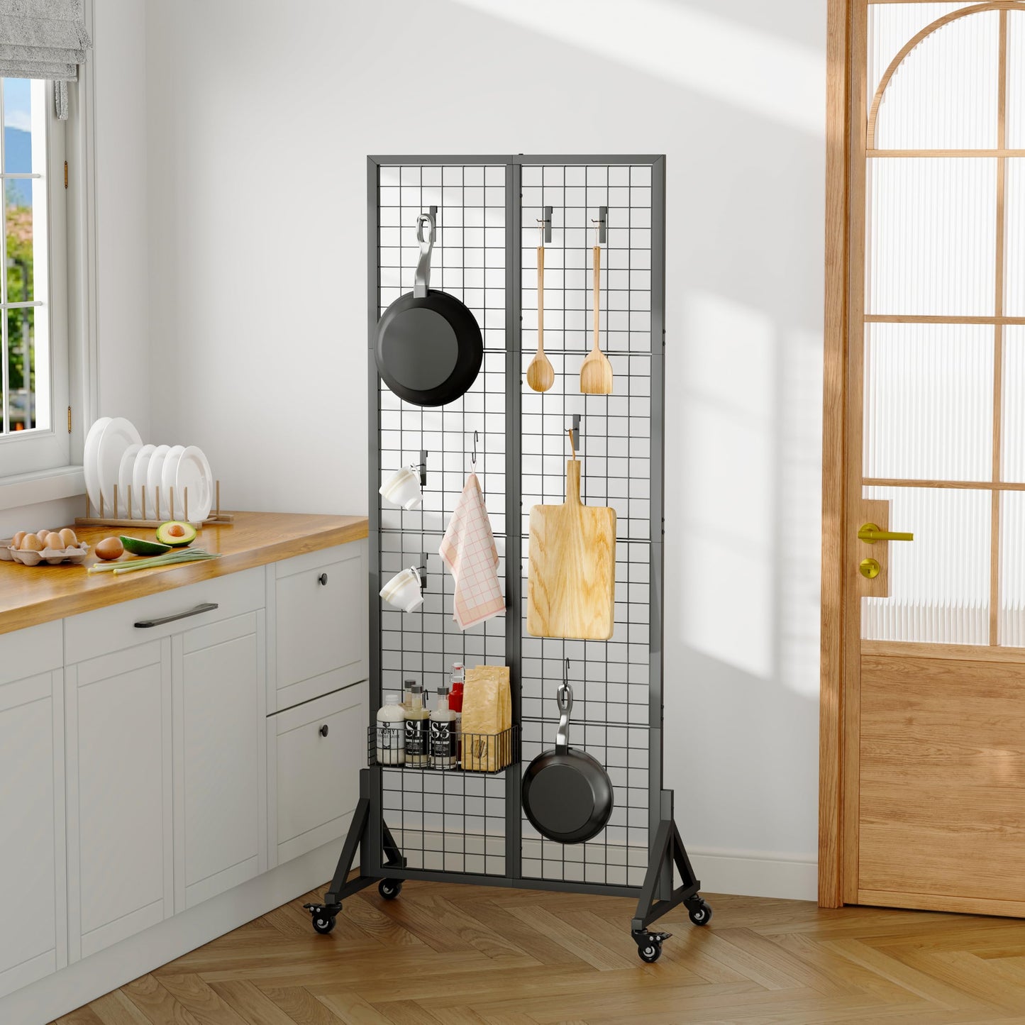 VAFEKOL Rolling Gridwall Display Stand, 65.6" H x 23.6" W Wire Mesh Rack with Wheels, Metal Display Grid for Art Shows, Craft Fairs, Retail Boutique & Home Storage, Black