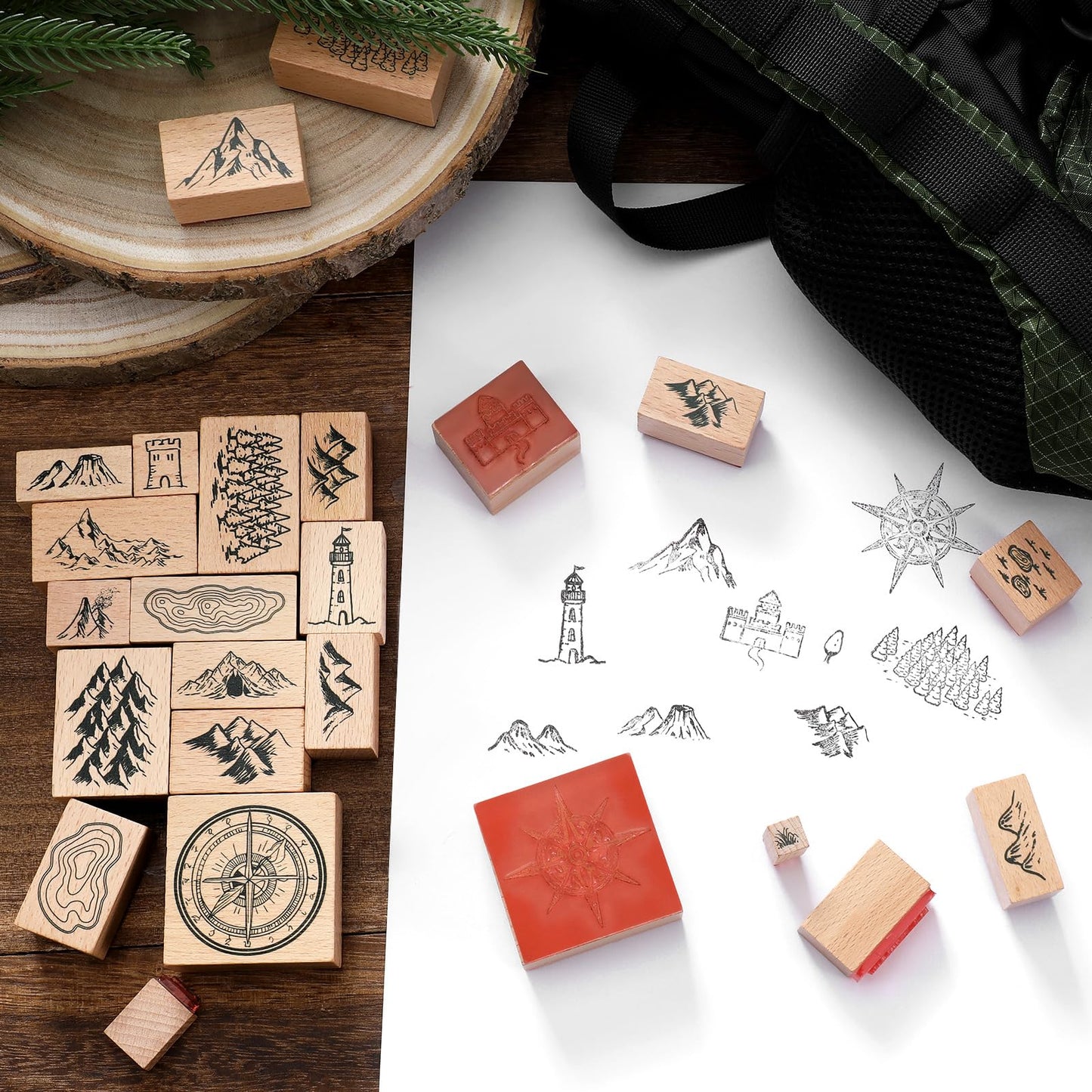 Marspark 24 Pcs Compass Mountains Stamp Combo Map Making Rubber Stamp Kit Compass Outdoor Scenery Stamps for RPG Adventures, Storytelling, and Creative Projects