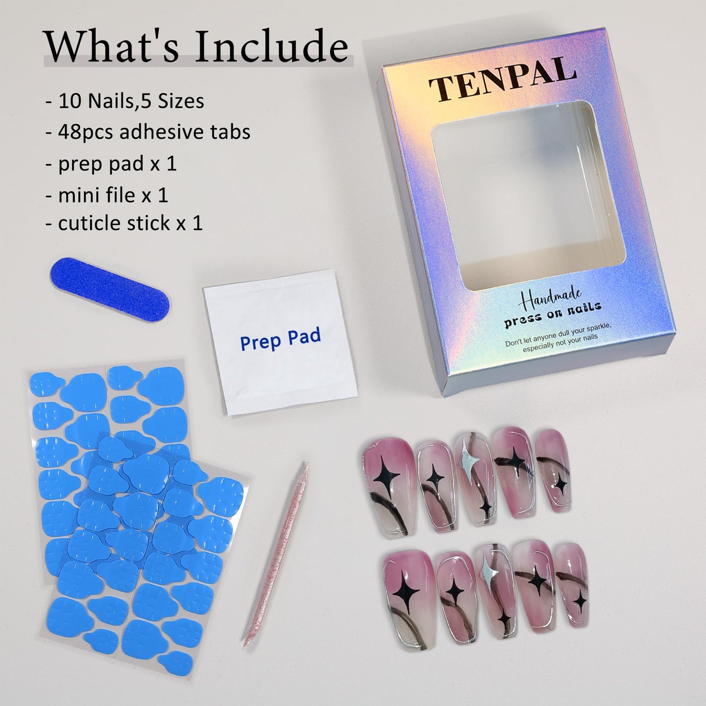 TENPAL Pink Ombre Silver Coffin Acrylic Nails,Handmade Press On Nails With Tools,Glossy Y2K Star Glitter Designs Glue on Nails,Cute Cool Retro Kawaii Kpop False Fake Nails for Women 10Pcs(XS)