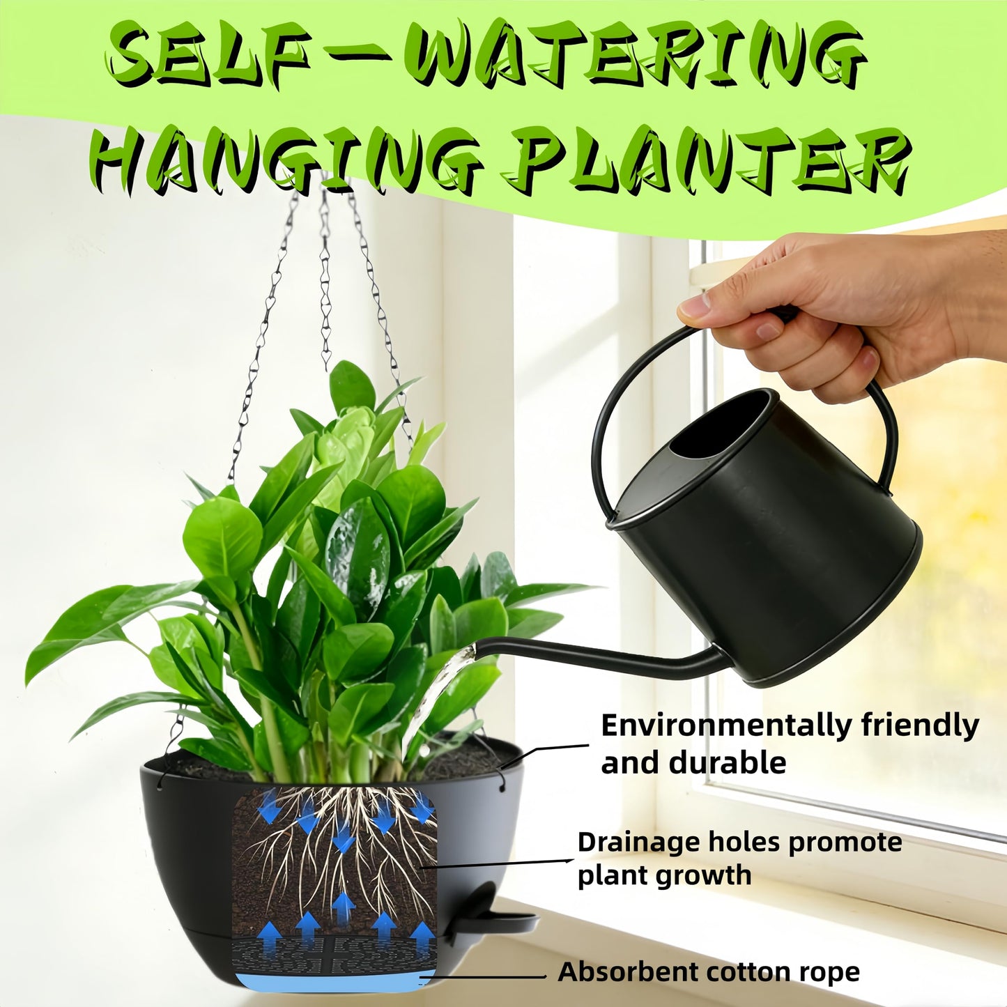 TESSTSY 3 Pack Hanging Planters for Indoor Outdoor Plants, 10 Inch Self Watering Hanging Pots for Plants, Plastic Hanging Flower Baskets for Plants Hanger with Drainage and Tray, Chain (Black)