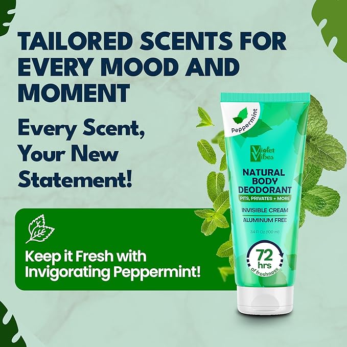 Violet Vibes Deodorant Cream for Women | Hypoallergenic & Gentle On Skin | Noni Leaf Extract, Aluminum-Free, Sensitive Skin, Fresh Odor Control for Whole Body 100mL (3.4 fl oz.) (Peppermint)