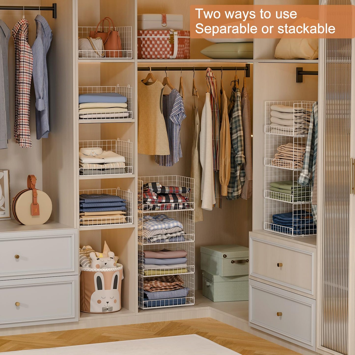 Yociyoga 4-Tier Stackable Closet Organizers and Storage Basket, Foldable Closet Shelf Organizer System, Space-Saving Clothes Storage Drawer Organizer for Wardrobe, White ((Patent 30022416))