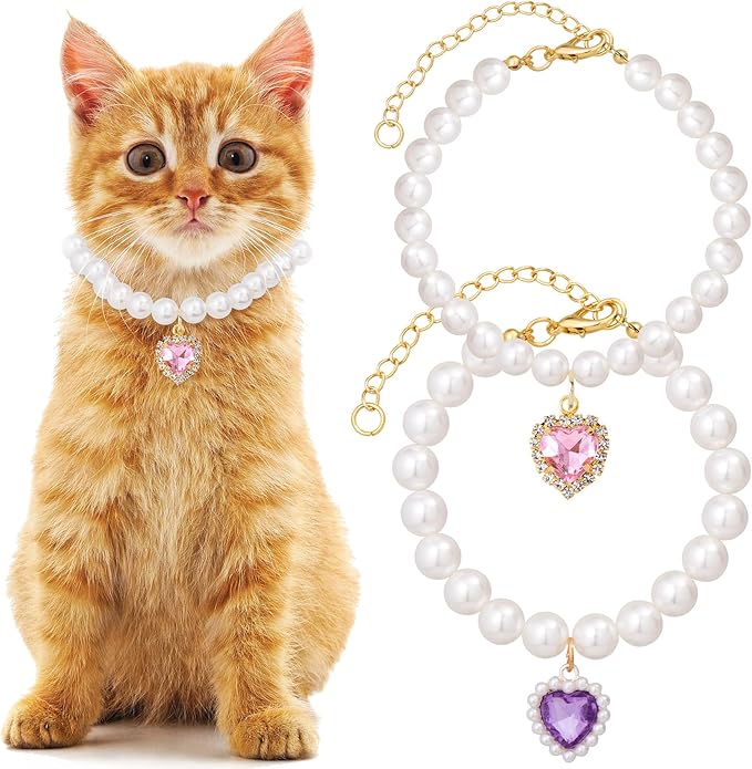 Mxxipp 2pcs Pearl Collar for Cat Puppy, Small Cute Heart Shape Rhinestone Pet Necklace, Adjustable Wedding Party Pet Jewelry Accessories for Puppy Kitten- Green & Pink