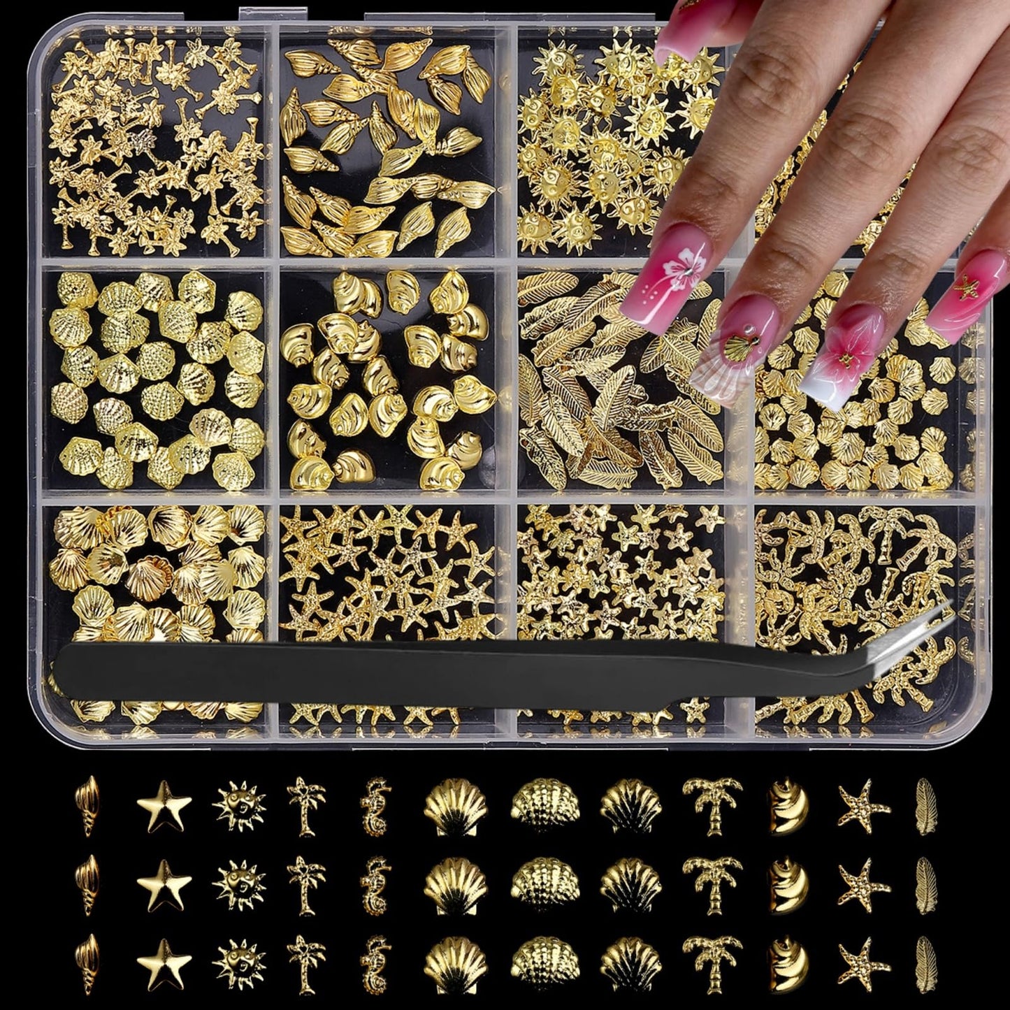 Gold Nail Charms 3D Alloy Star Sun Nail Gems Shiny Ocean Beach Starfish Conch Nail Jewels Multi-Shapes Metal Golden Seashell Nail Art Supplies with Tweezer for Women DIY Acrylic Nail 12 Grids 1 Box