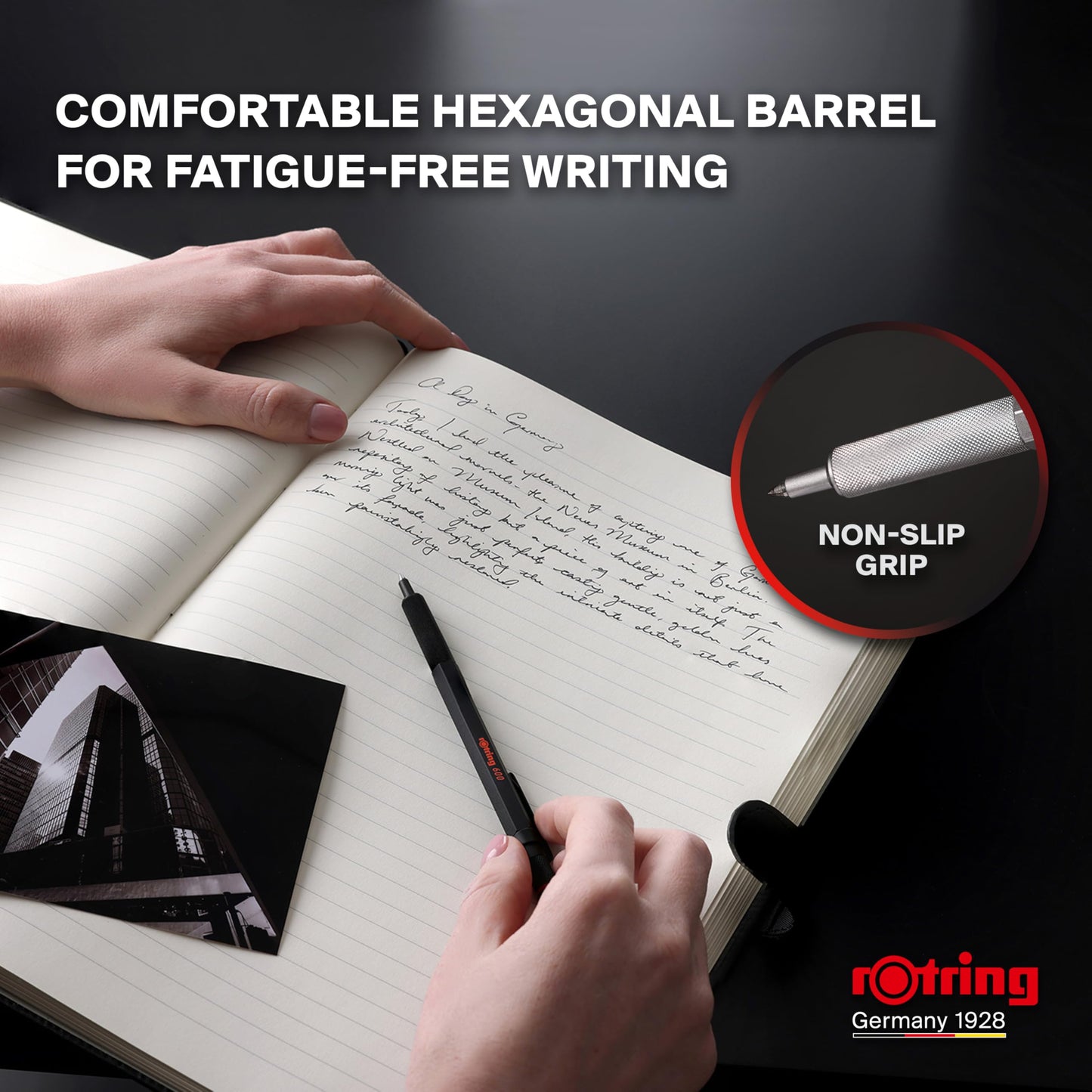 rOtring 600 Gel Pen, Black Metal Body Pen, Black Ink, 0.55mm, Non-Slip Knurled Grip & Hexagonal Barrel, Refillable, 1 Count - Smooth Writing, Stationary, Desk Essentials