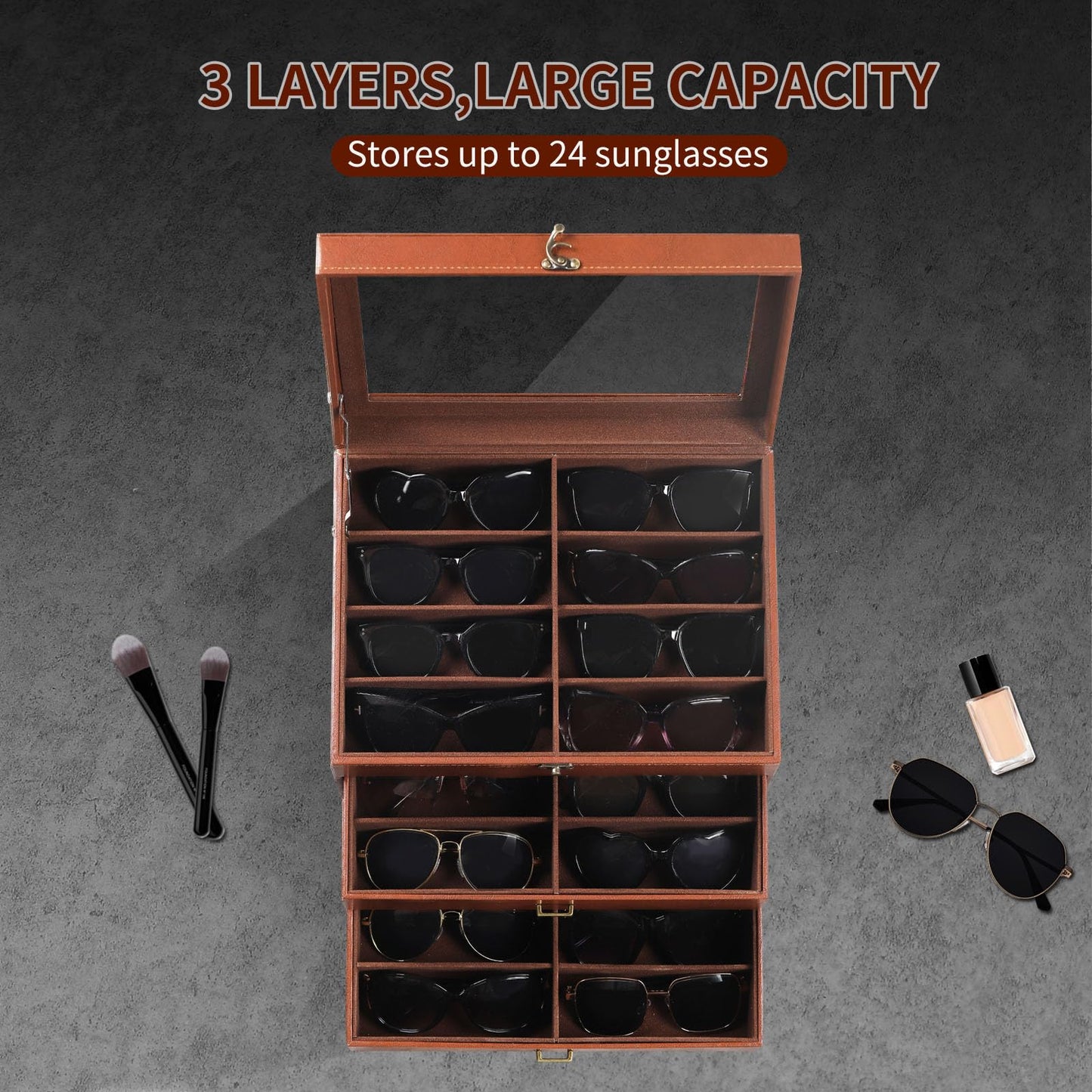 AUTOARK Leather & Velvet Clear Lid 24 Piece Eyeglasses Storage and Sunglass Glasses Display Drawer Lockable Case Organizer,Coffee,MKAW045