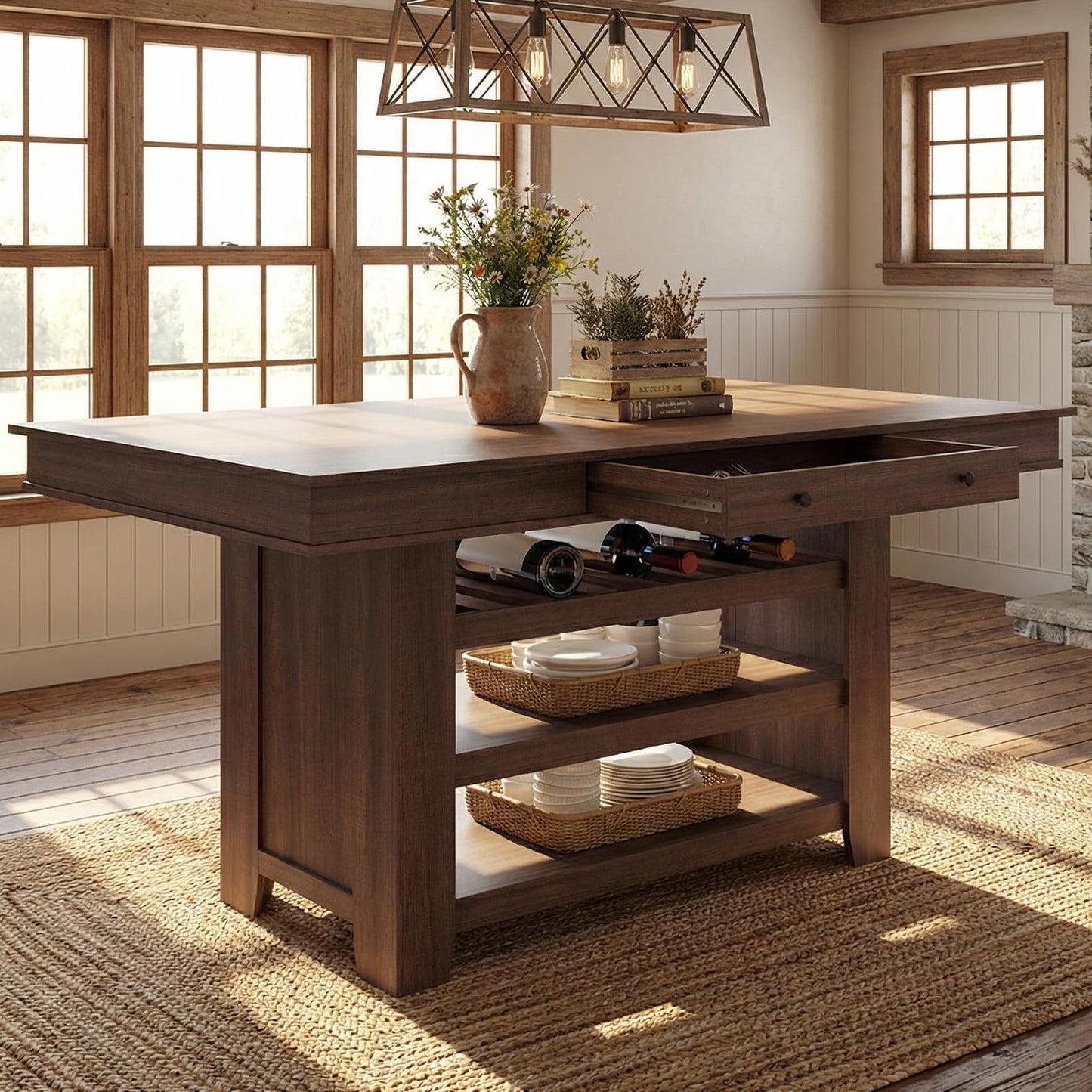 Garvee Counter Height Dining Table with 2 Drawers, 36" Farmhouse Wooden Large Bar Kitchen Table with Wine Rack & 3 Shelves, Rectangular, Thick Frame for Kitchen, Bar & Entertaining, Retro Brown